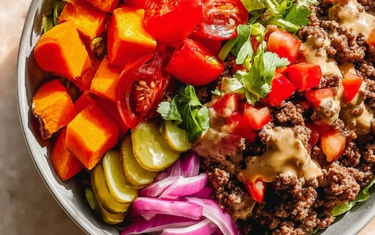 Healthy and colorful Sweet Potato Burger Bowl with fresh vegetables and toppings