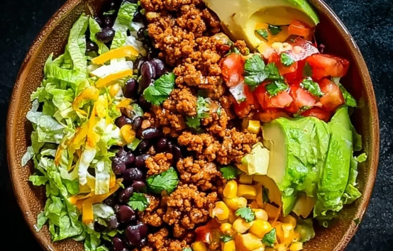 Colorful Taco Lunch Bowls with fresh ingredients and toppings for a healthy meal.