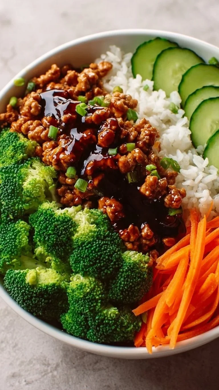 Teriyaki ground turkey bowl with colorful vegetables and rice