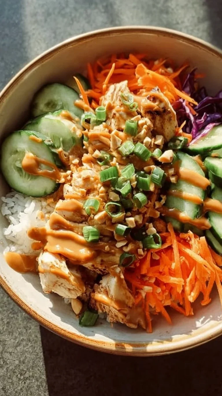 Thai Peanut Chicken Buddha Bowl with fresh veggies and peanut sauce
