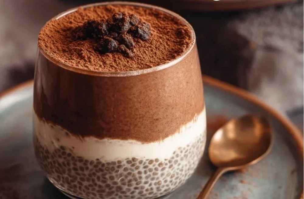 Tiramisu chia pudding served in a bowl with Greek yogurt and cocoa powder garnish