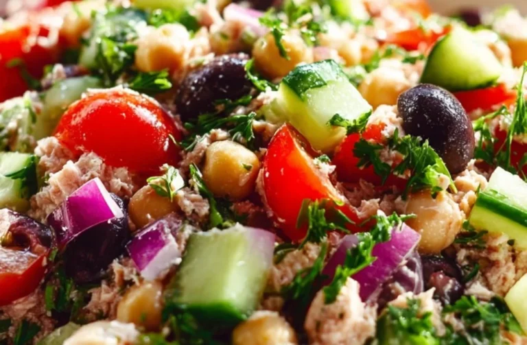 Healthy Tuna Chickpea Salad Bowl with fresh vegetables and dressing.