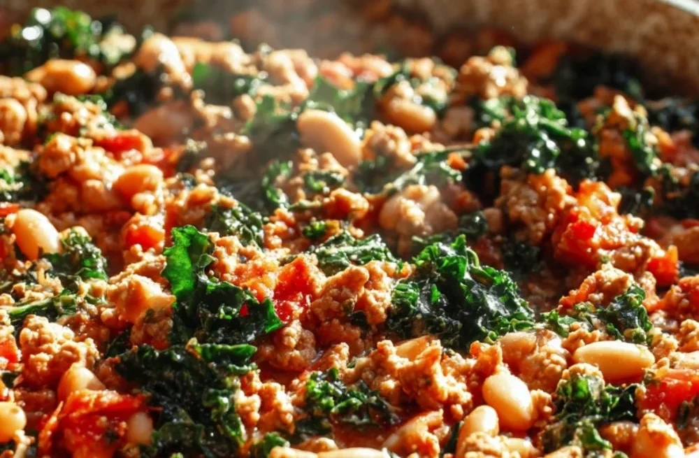 Tuscan Turkey and White Bean Skillet with fresh ingredients on a plate