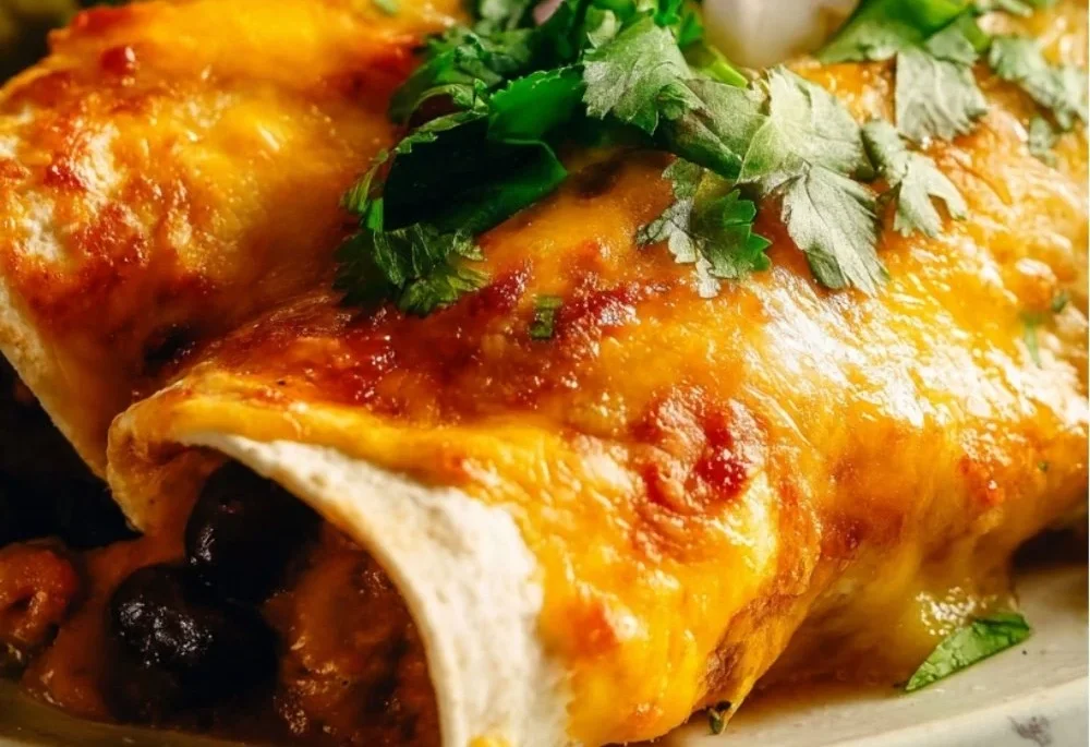 Delicious vegetarian enchiladas filled with vegetables and topped with cheese.