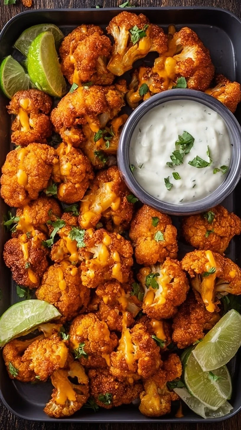 Air Fryer Buffalo Cauliflower dish garnished with sauce and herbs