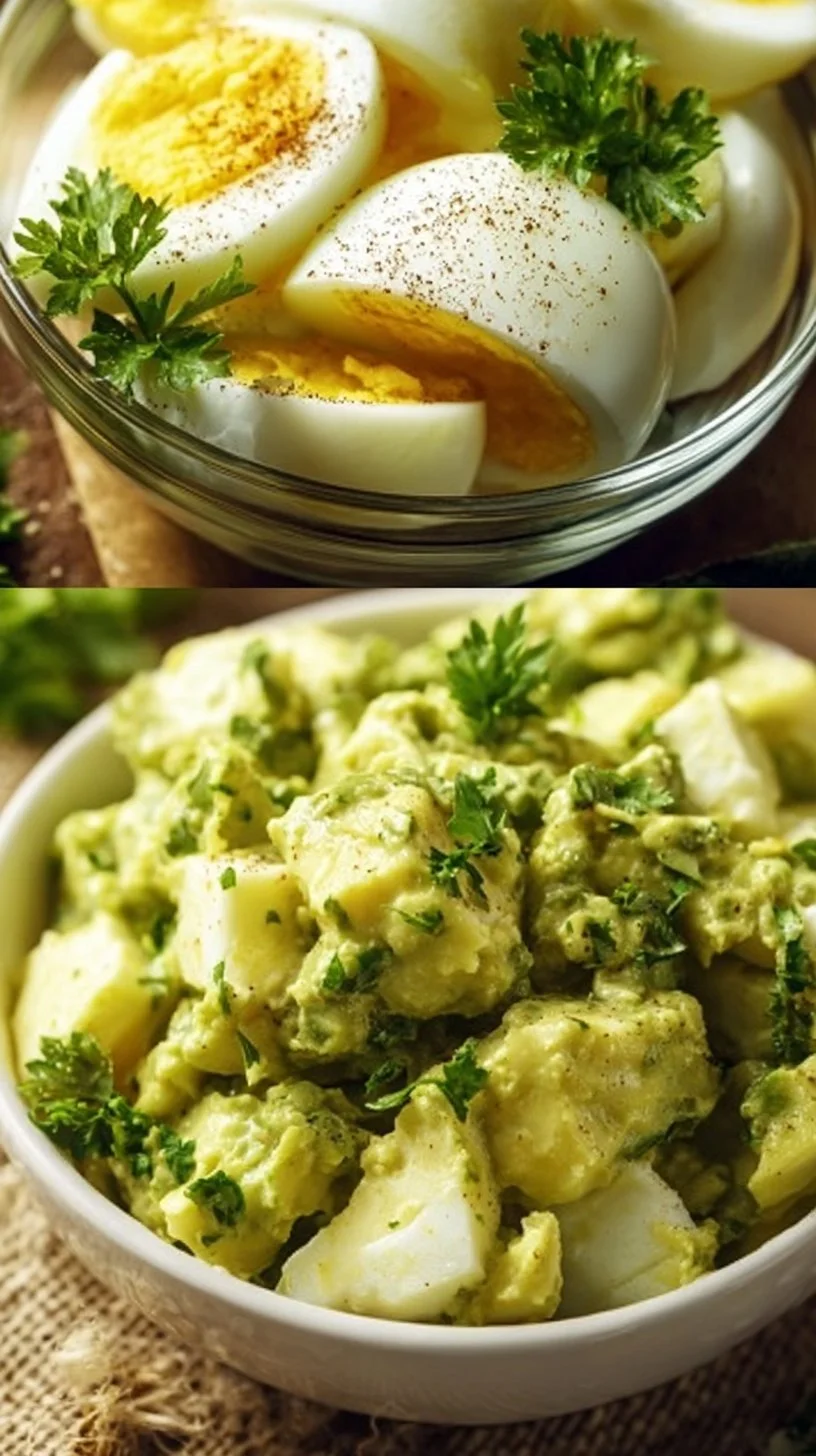 Delicious avocado egg salad served in a bowl with fresh herbs