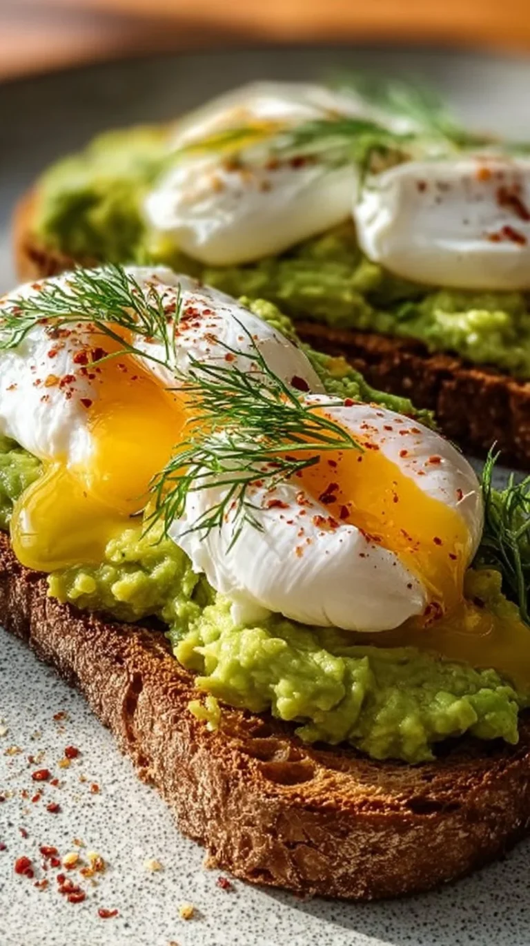 Avocado toast topped with a poached egg on a rustic wooden table.