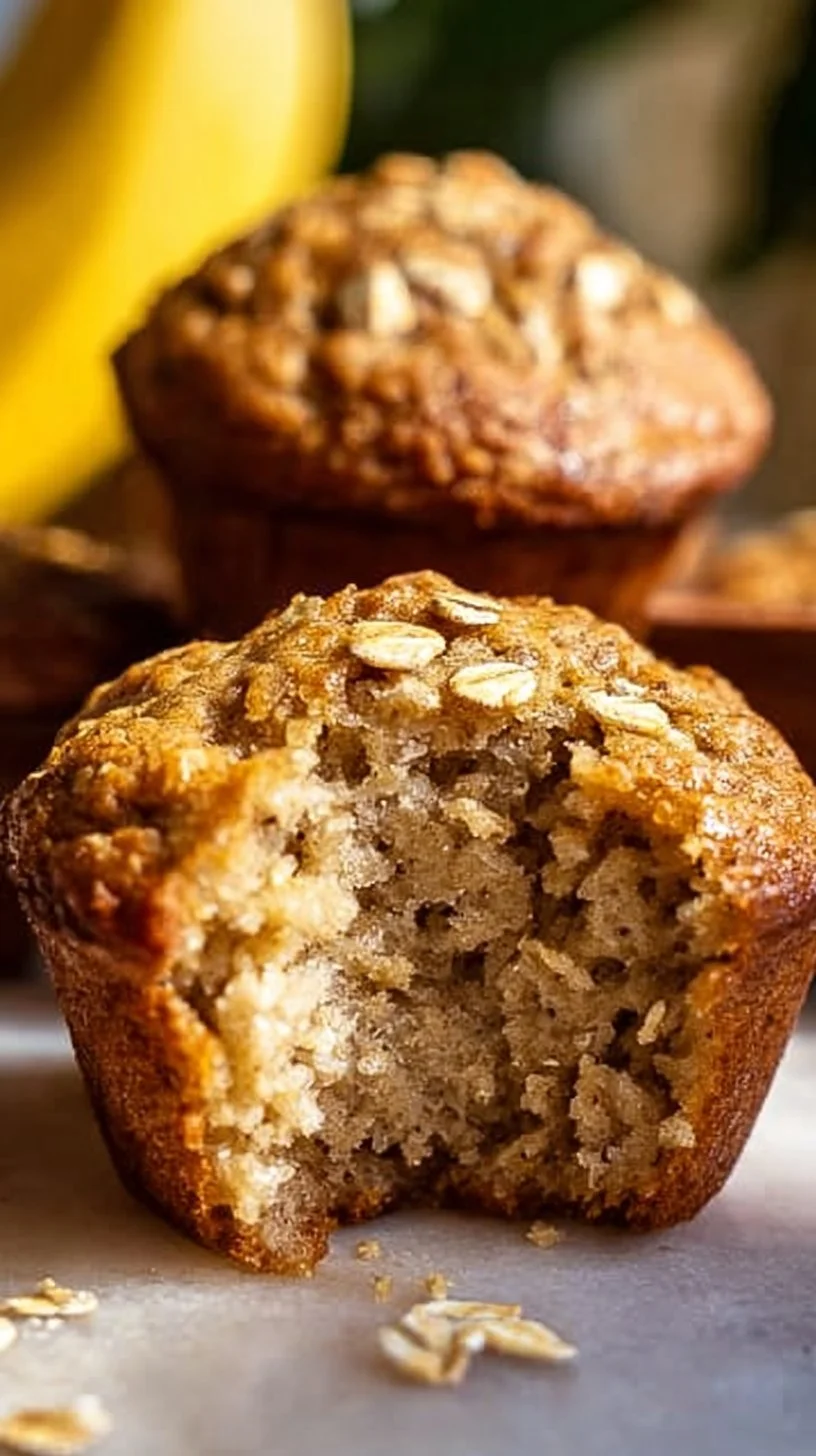 Freshly baked banana oatmeal muffins on a rustic wooden table