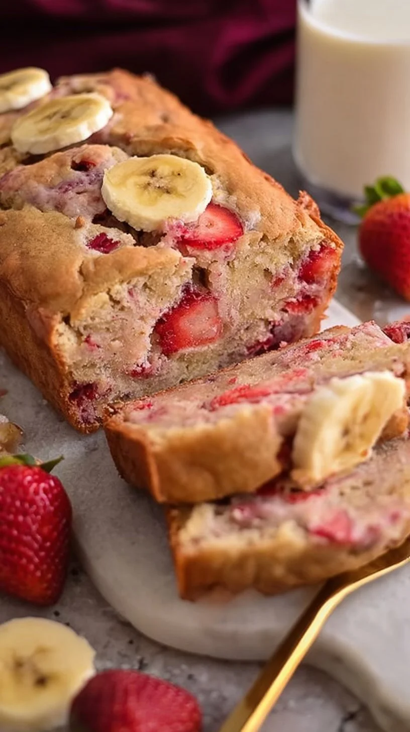 Loaf of banana strawberry bread with slices showcasing fresh strawberries and bananas.