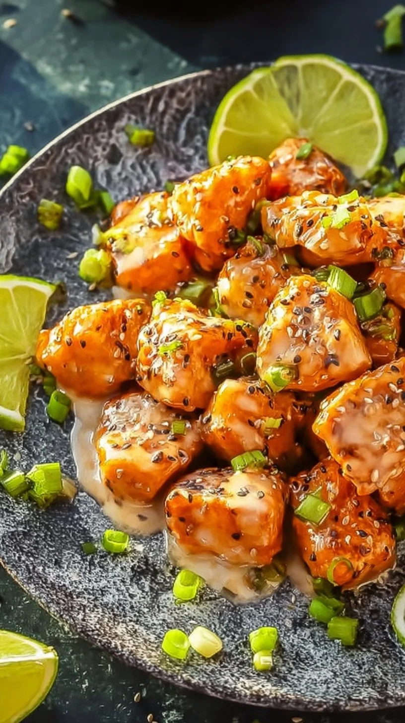 Bang Bang Salmon Bites served with a spicy dipping sauce