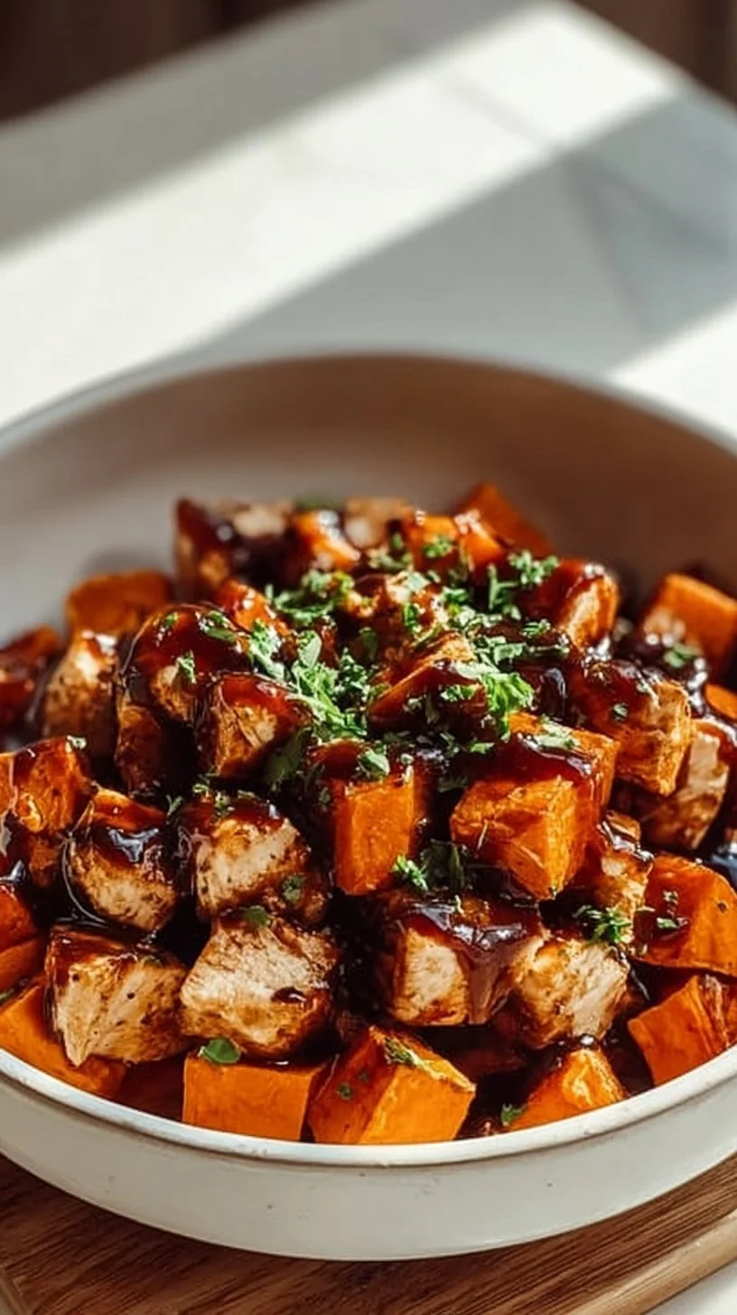 BBQ chicken sweet potato bowl with toppings and fresh herbs