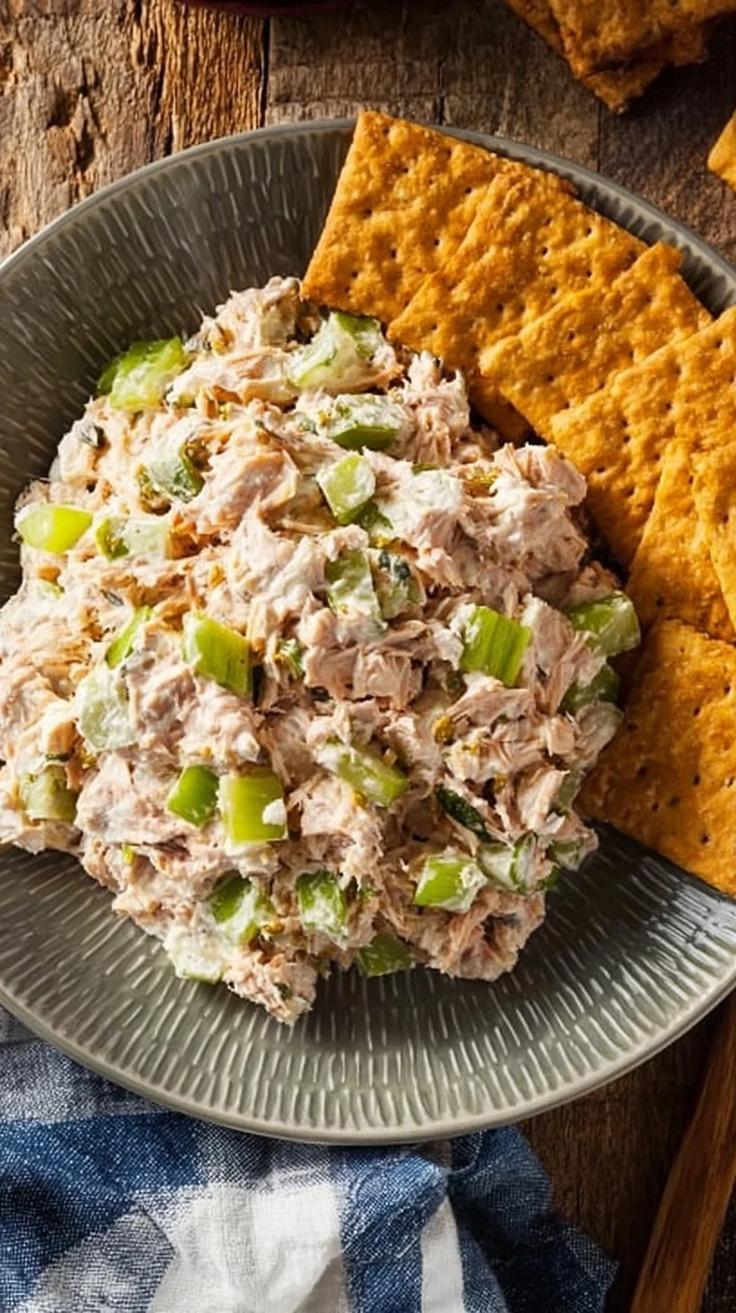 Blended cottage cheese tuna salad in a bowl with ingredients