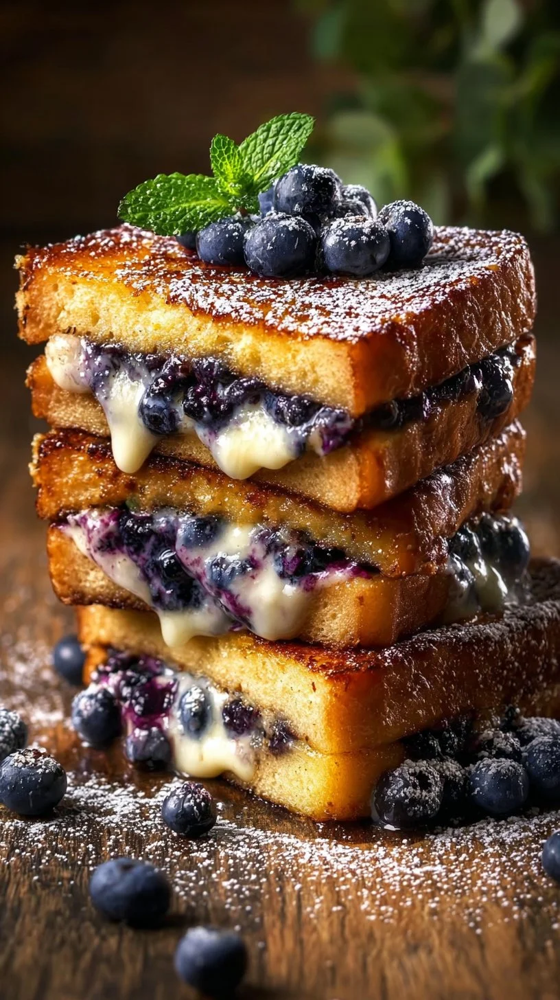 Delicious blueberry cheesecake stuffed French toast on a plate