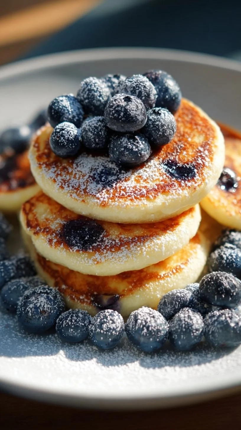 Blueberry lemon pancake bites on a plate with fresh blueberries and lemon slices.