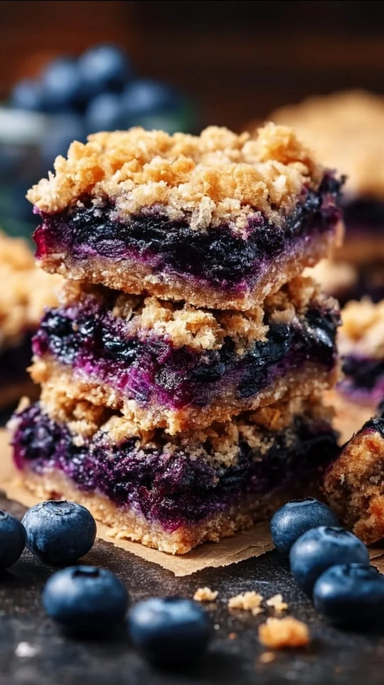 Freshly baked blueberry oatmeal bars on a wooden table