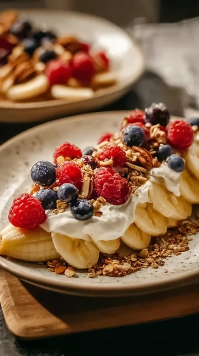 Delicious Breakfast Banana Split with fruits and yogurt
