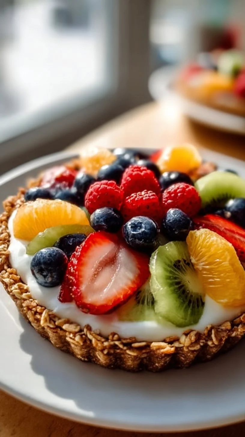 Delicious breakfast fruit tart topped with fresh fruits