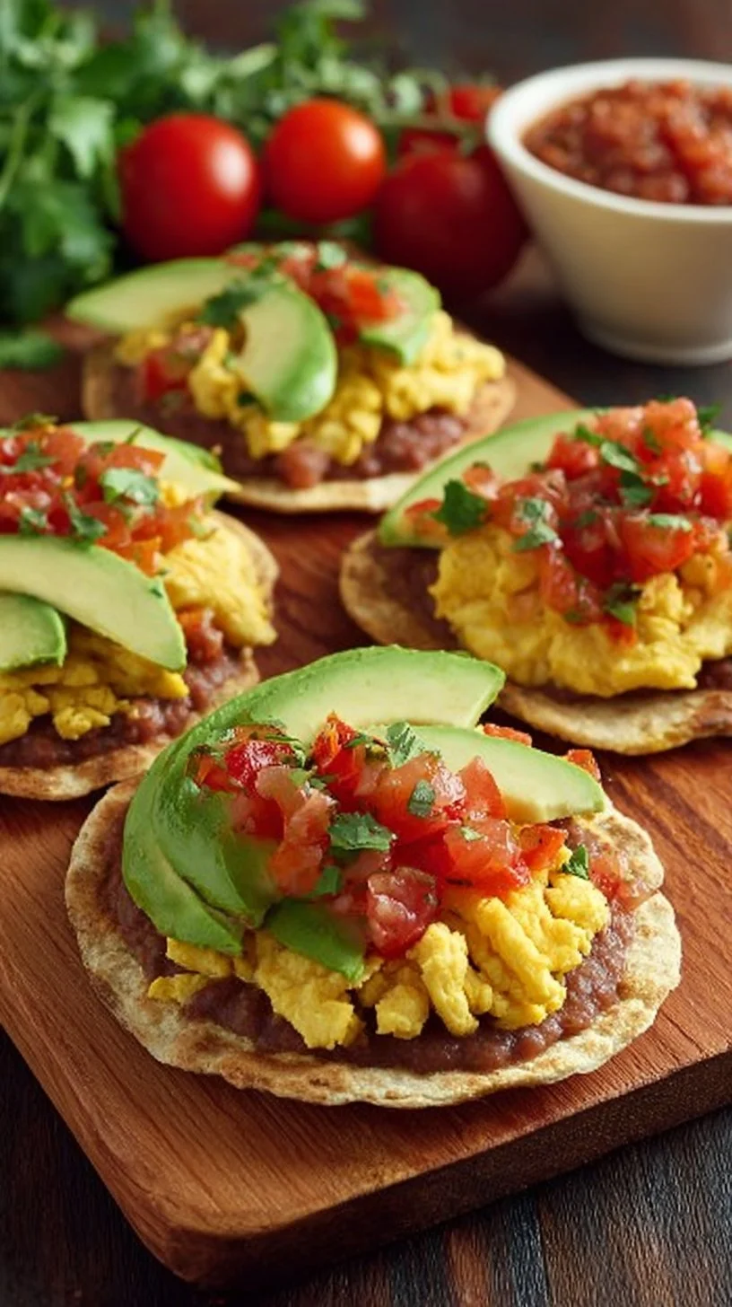 A plate of colorful breakfast tostadas topped with fresh ingredients.