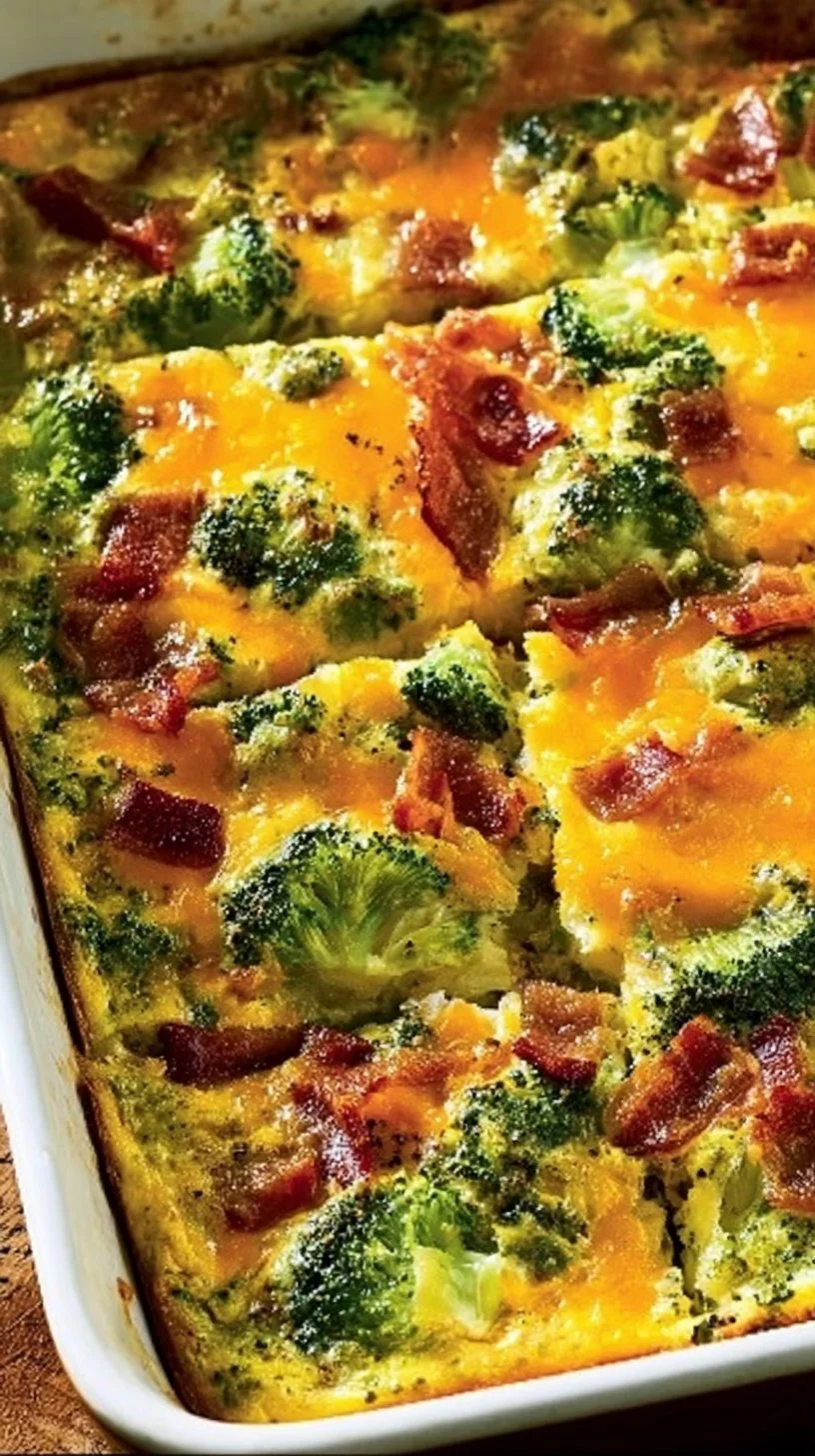 Delicious Broccoli Cheddar Egg Bake topped with Turkey Bacon in a baking dish