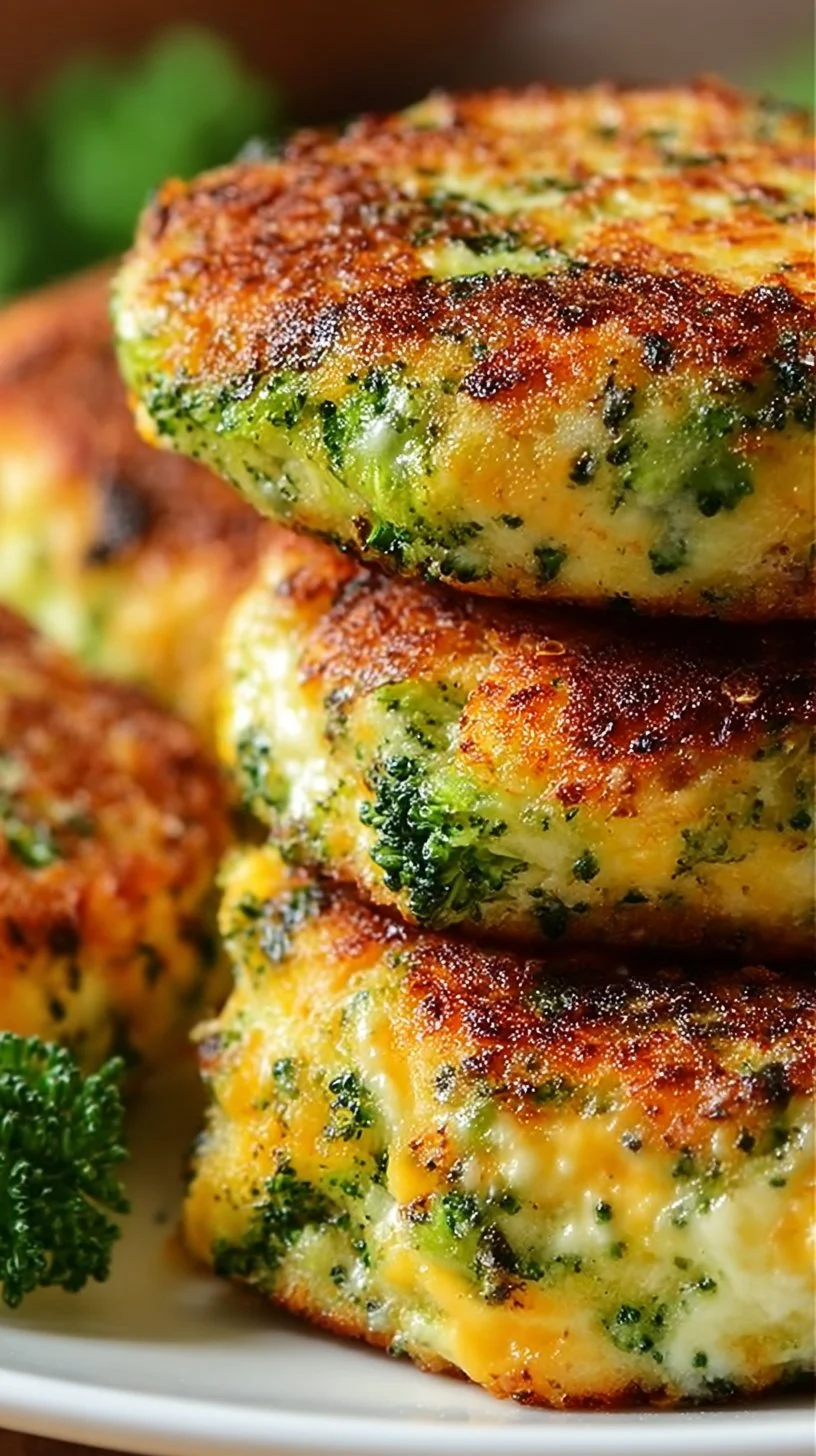 Crispy broccoli cheese patties served on a plate.
