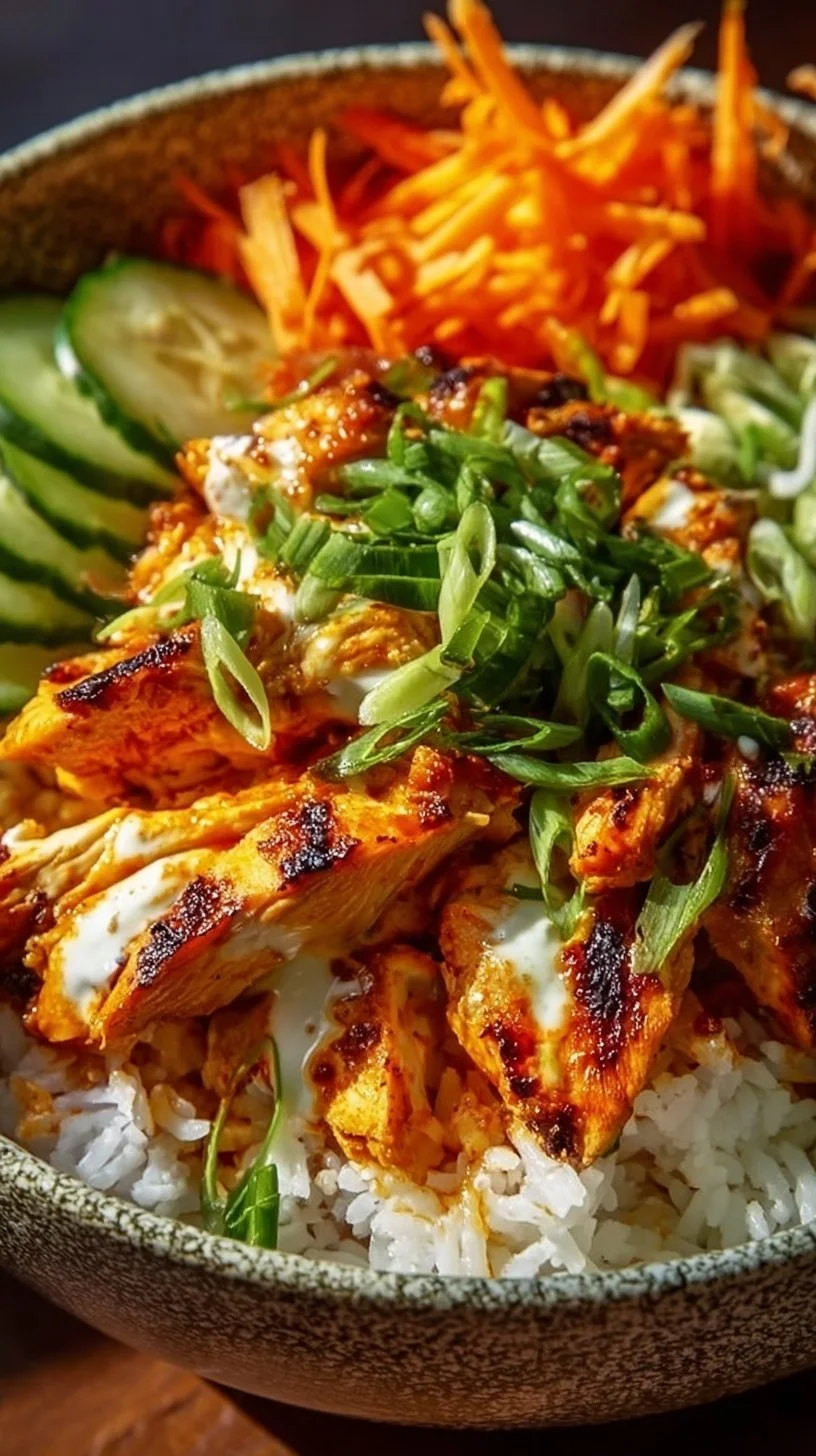 Delicious Buffalo Chicken Bowl with spicy chicken, fresh veggies, and rice