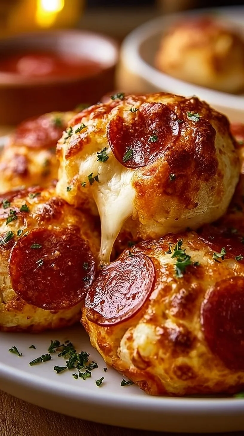 Cheesy pepperoni pizza bombs ready to be served as a delicious snack.