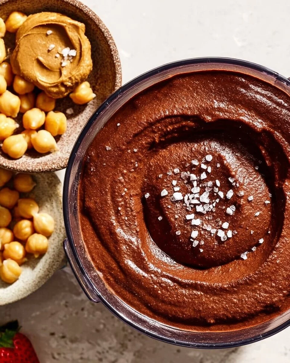 A bowl of chocolate hummus served with fresh fruits for dipping