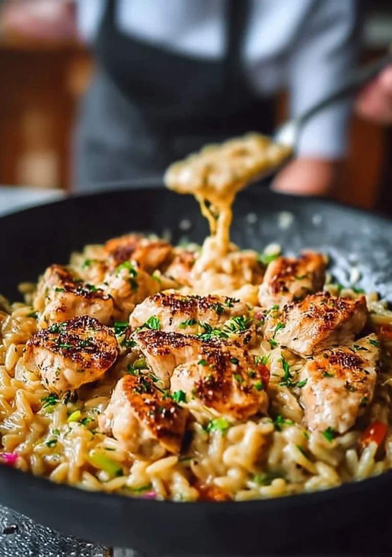 One-Pot Cajun Chicken Alfredo Orzo dish garnished with herbs and spices
