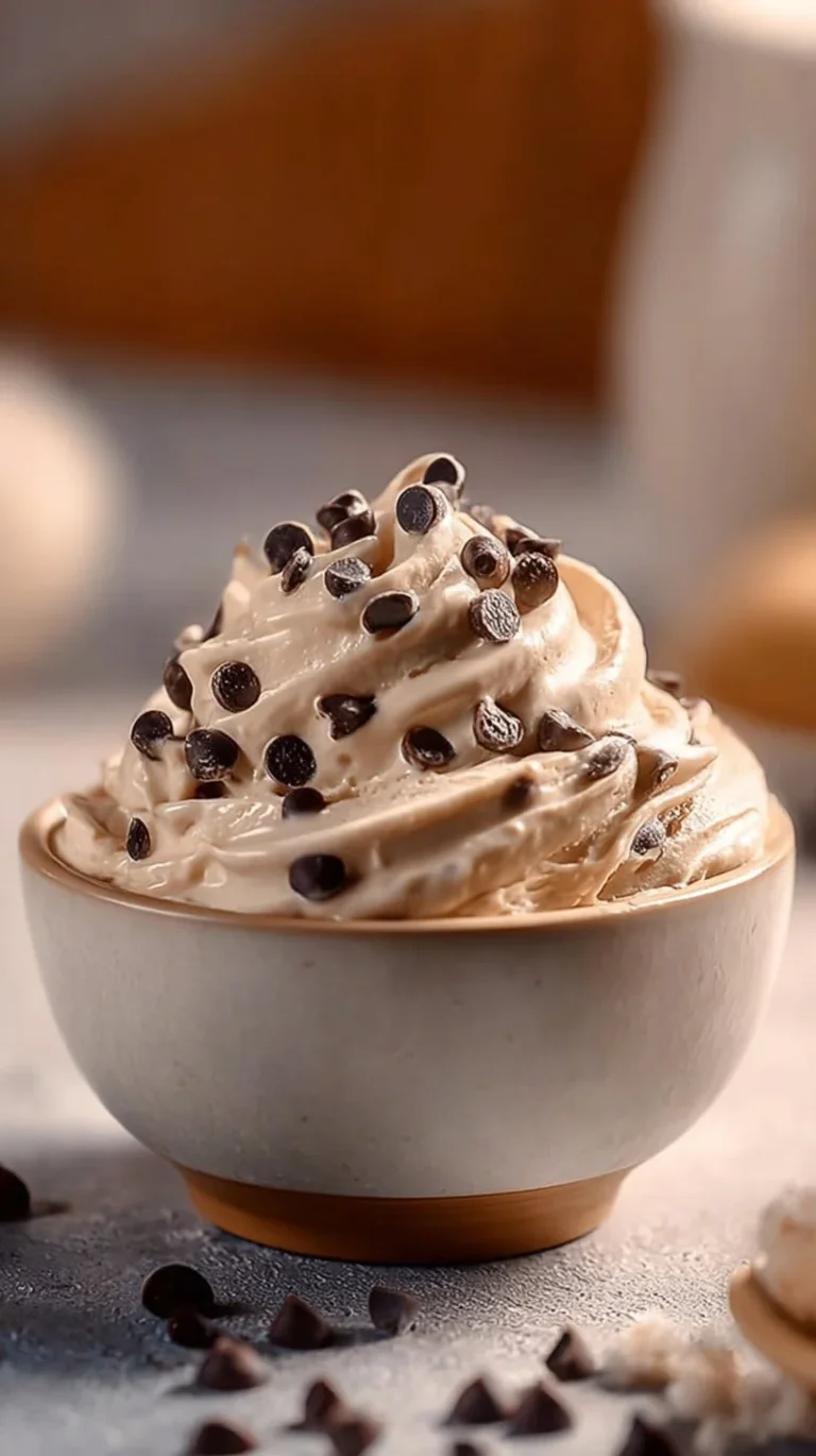 Delicious cookie dough protein dip served in a bowl with fresh fruit