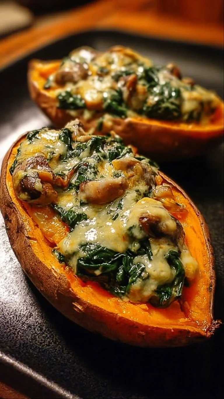 Creamy mushroom and spinach stuffed sweet potatoes on a plate