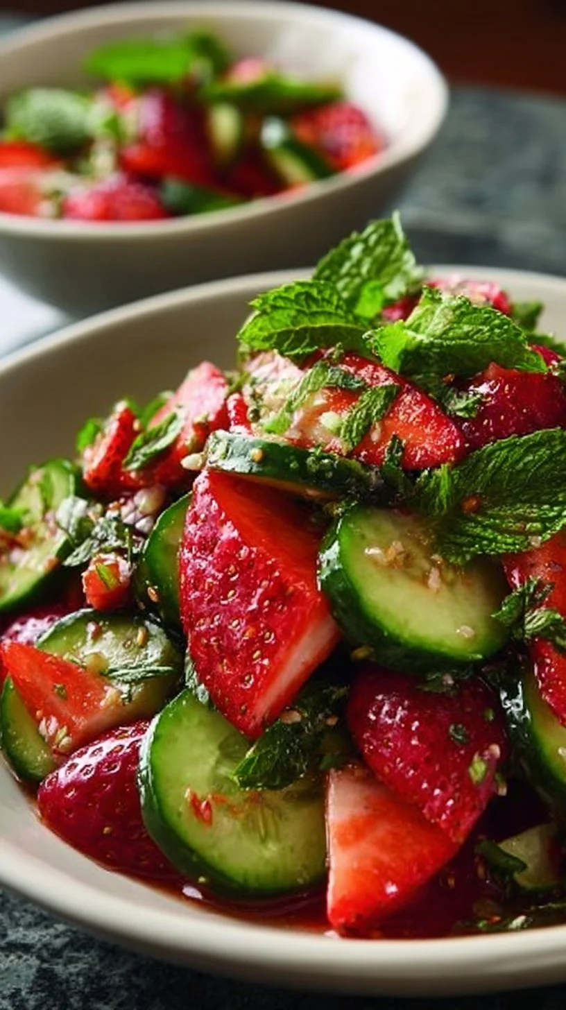 Fresh Cucumber Strawberry Salad served in a bowl