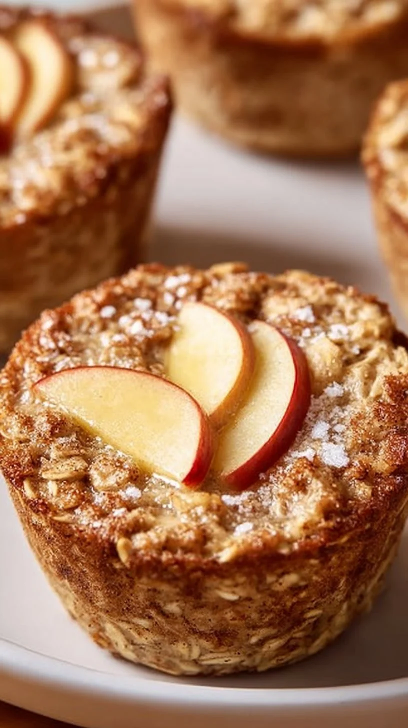 Fluffy baked apple cinnamon oatmeal cups on a wooden table