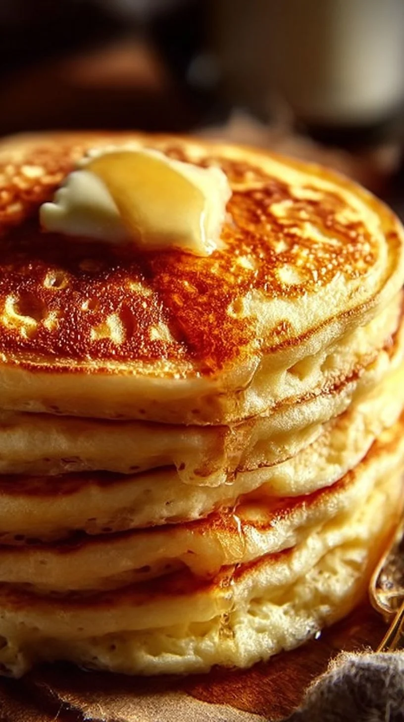 Stack of fluffy flourless pancakes topped with fresh berries and syrup