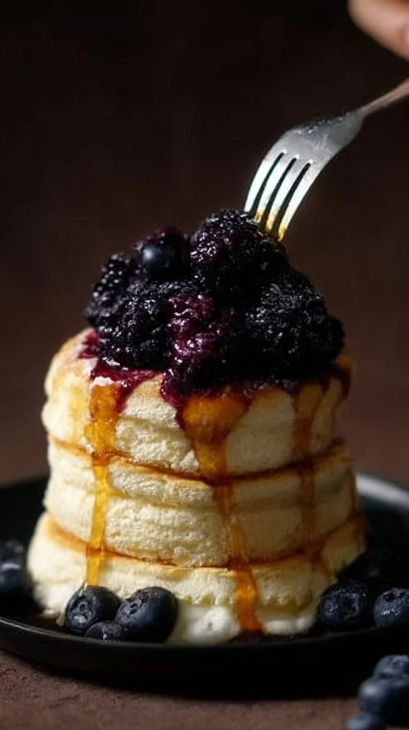 Fluffy Japanese soufflé pancakes served with syrup and berries