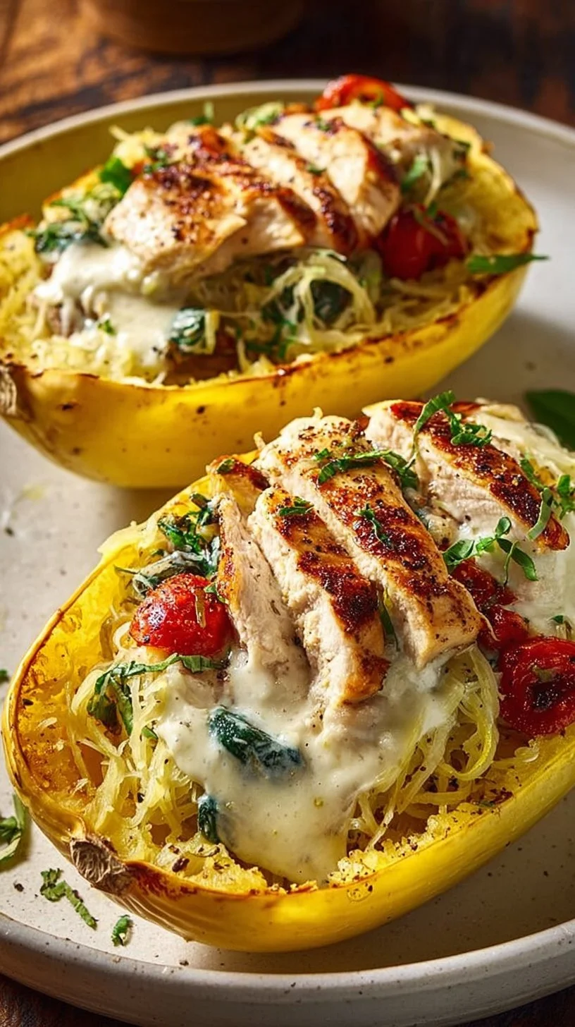 Garlic chicken and spaghetti squash dish garnished with fresh herbs