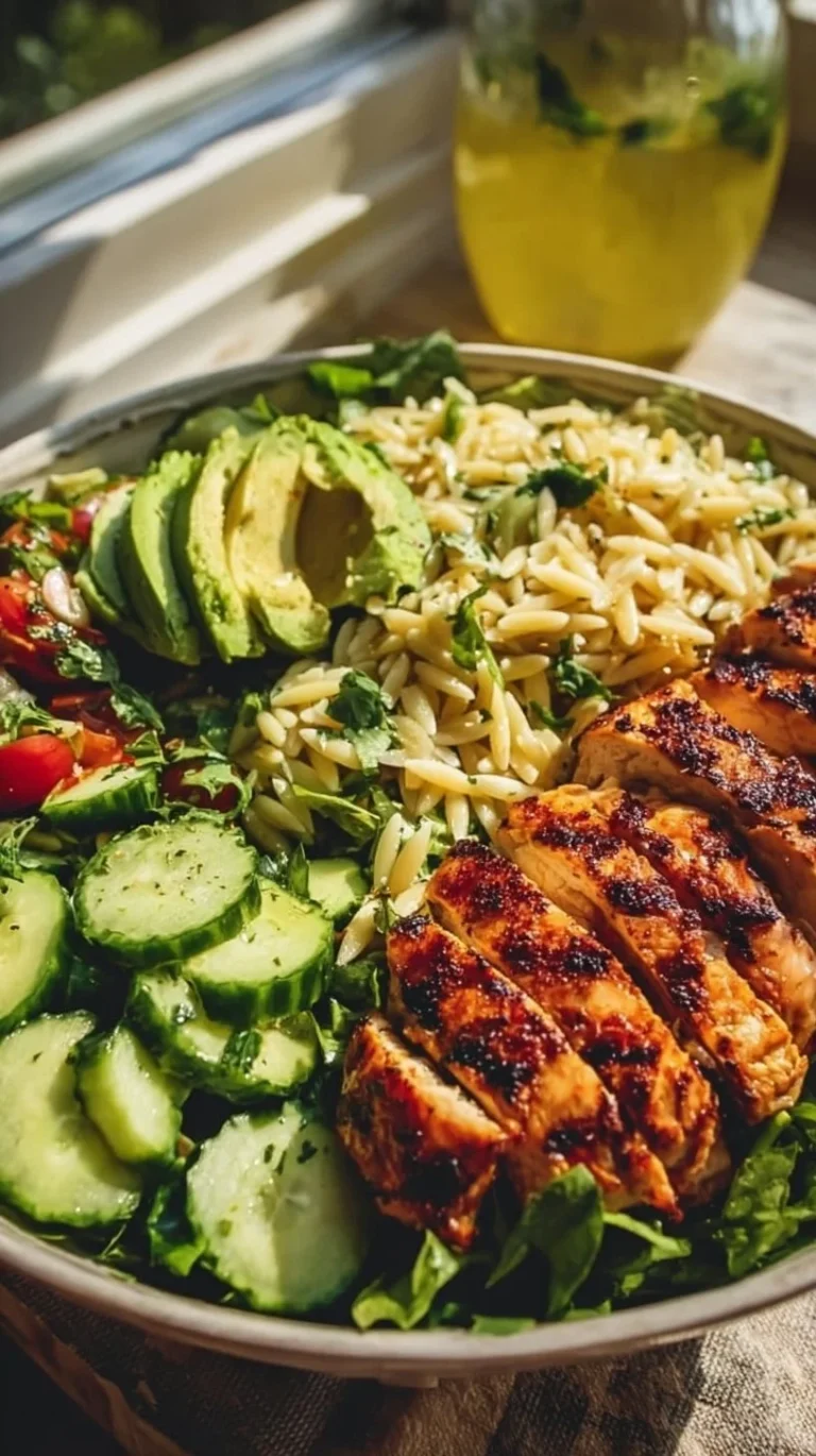 A colorful bowl of grilled chicken orzo salad with fresh vegetables and herbs.