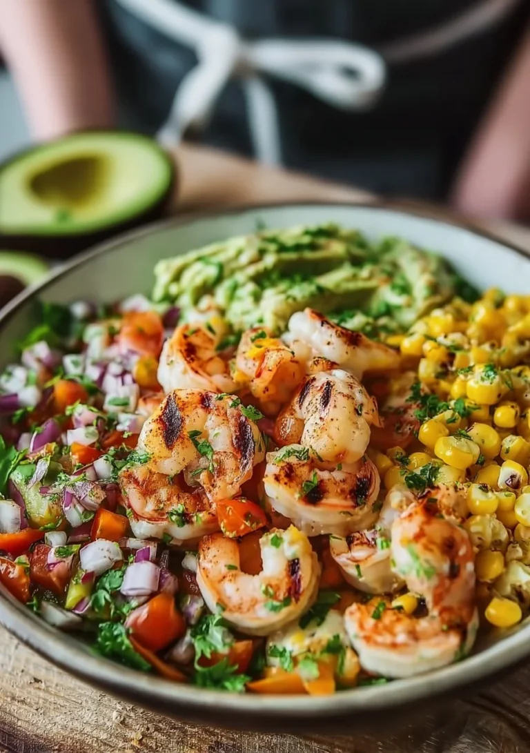 Grilled Shrimp Bowl topped with avocado, corn salsa, and creamy garlic sauce