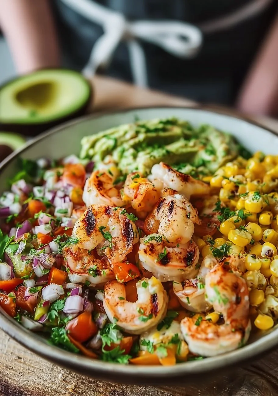 Grilled Shrimp Bowl topped with avocado, corn salsa, and creamy garlic sauce