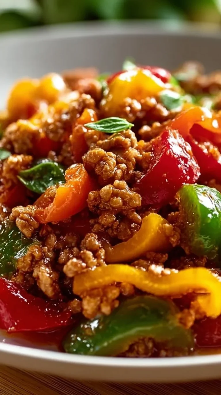 Colorful dish of ground turkey and peppers served on a plate.