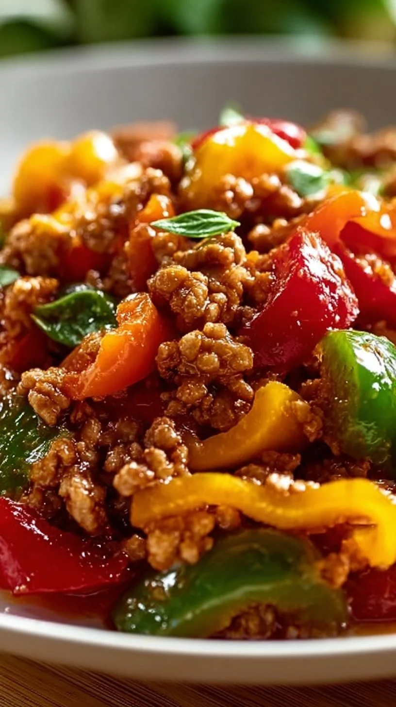 Colorful dish of ground turkey and peppers served on a plate.