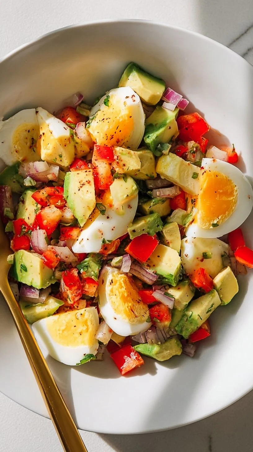 Healthy hard boiled egg and avocado bowl with fresh greens and toppings
