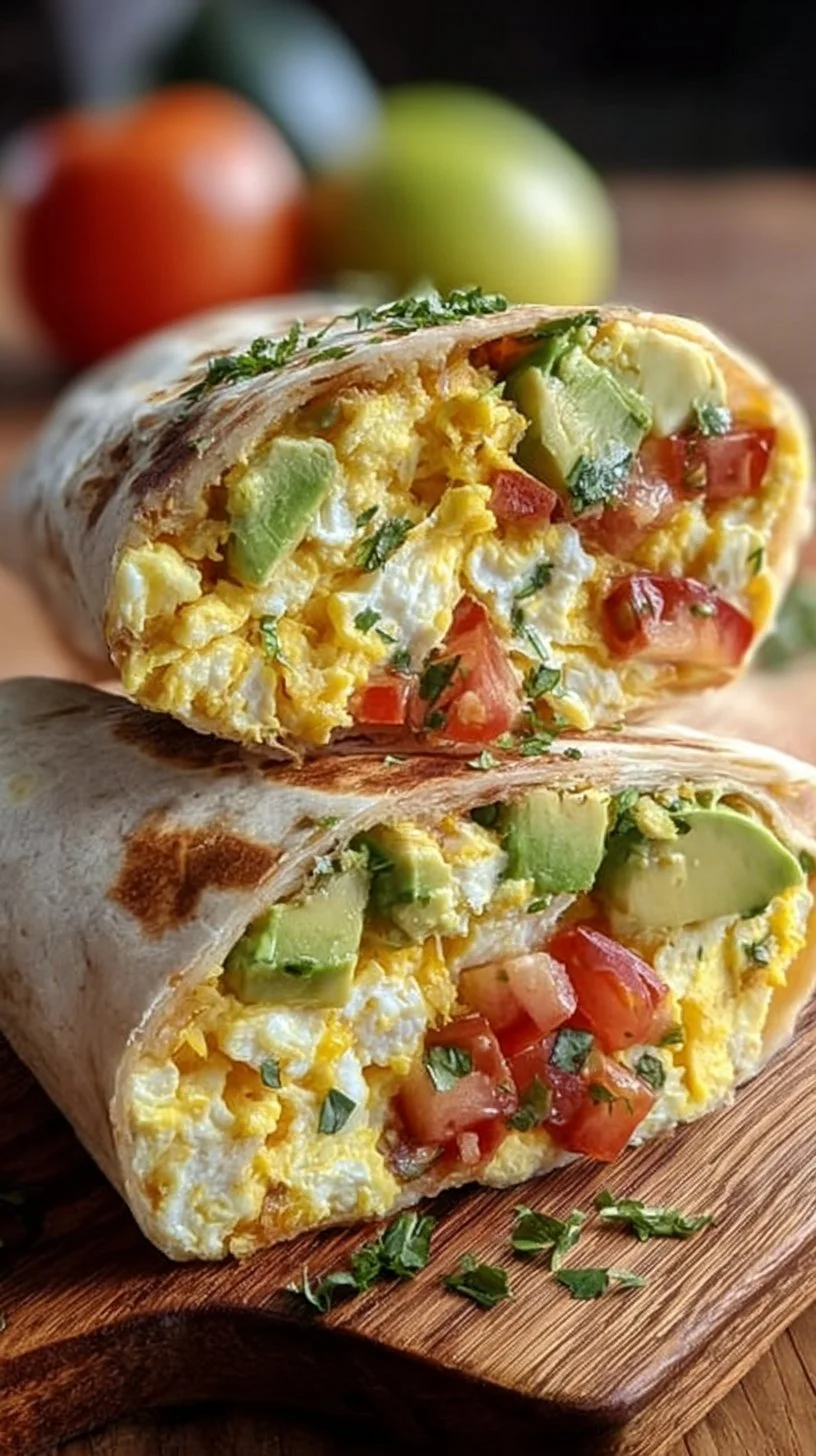 High-protein breakfast wrap with cottage cheese and avocado on a plate.