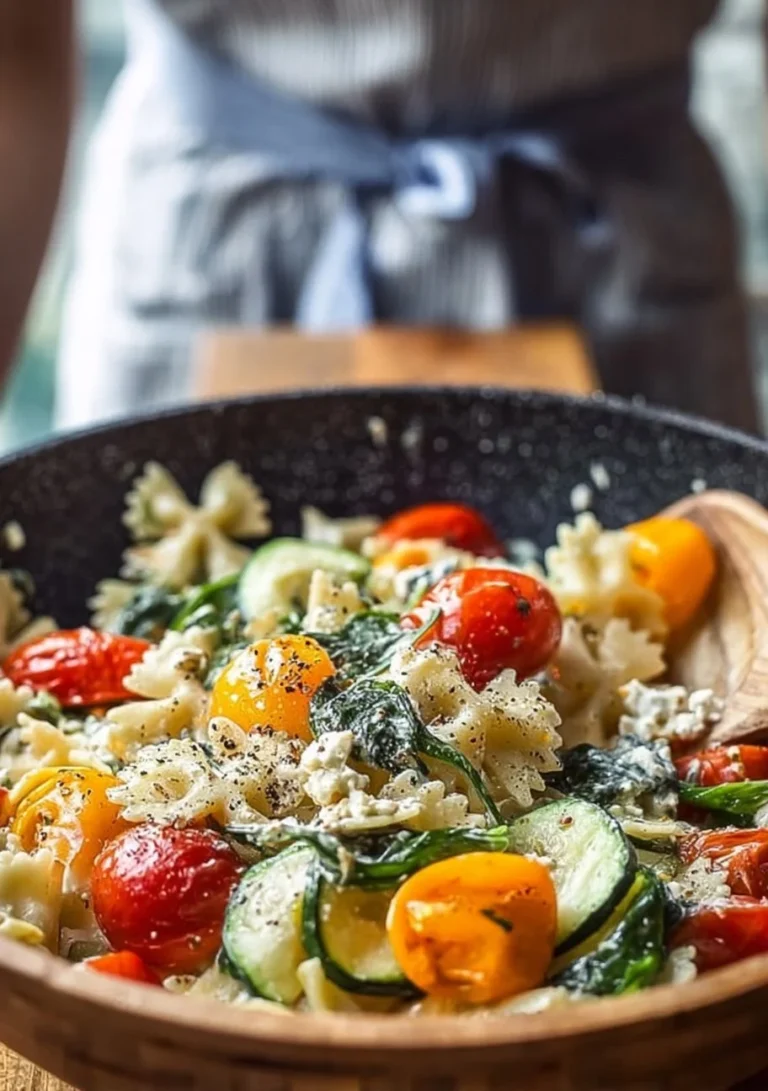 High protein cottage cheese pasta salad with colorful vegetables