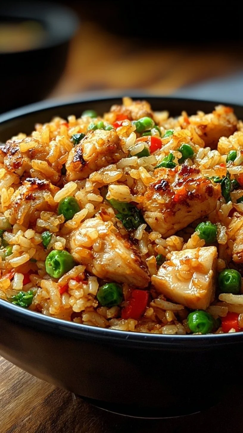 A delicious plate of high protein crispy garlic chicken fried rice garnished with green onions.
