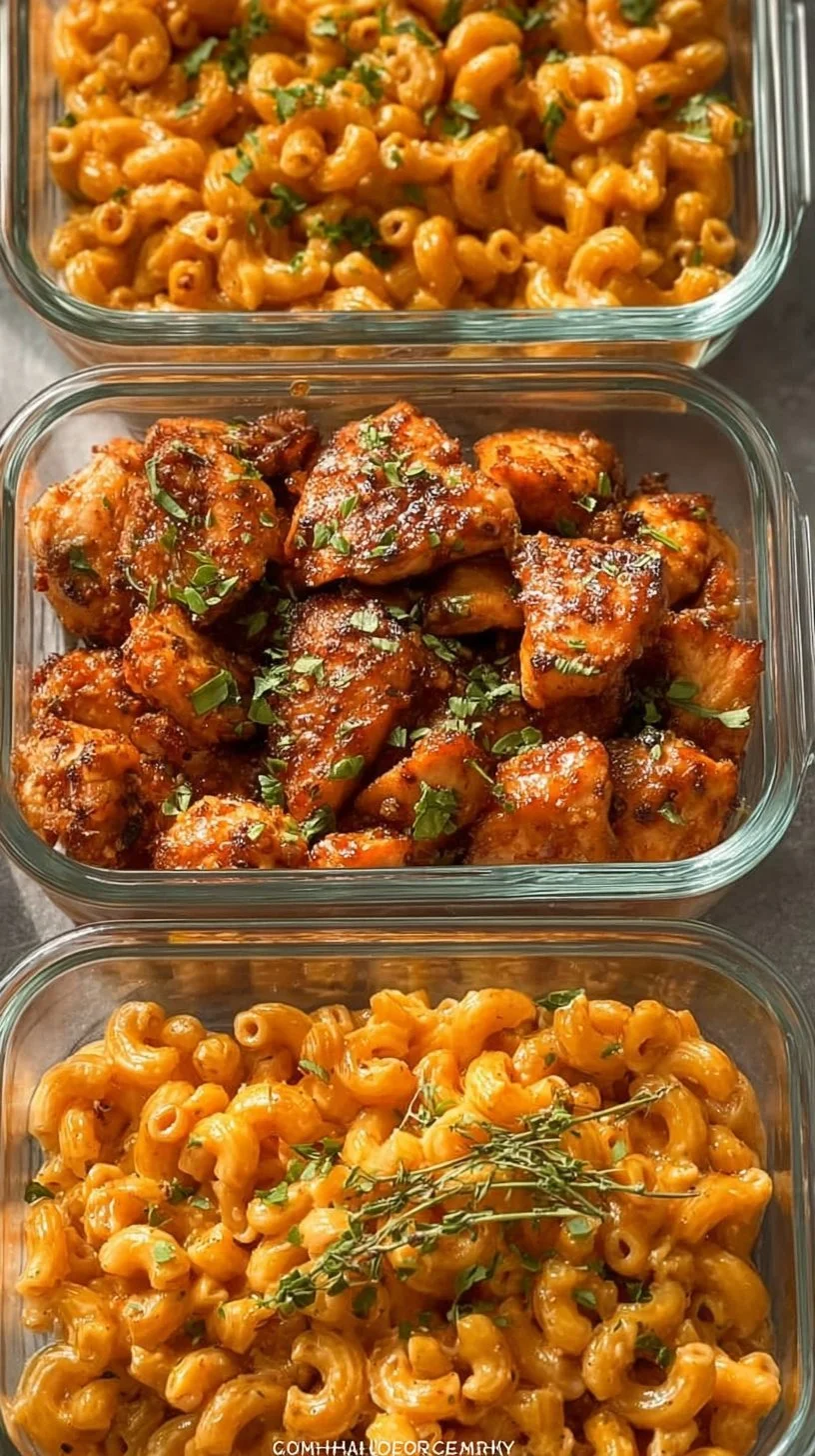 High-Protein Honey Garlic Butter Chicken with Mac & Cheese on a plate