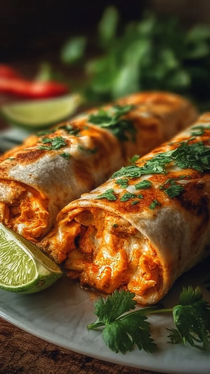 High protein low calorie cheesy buffalo chicken burritos on a plate