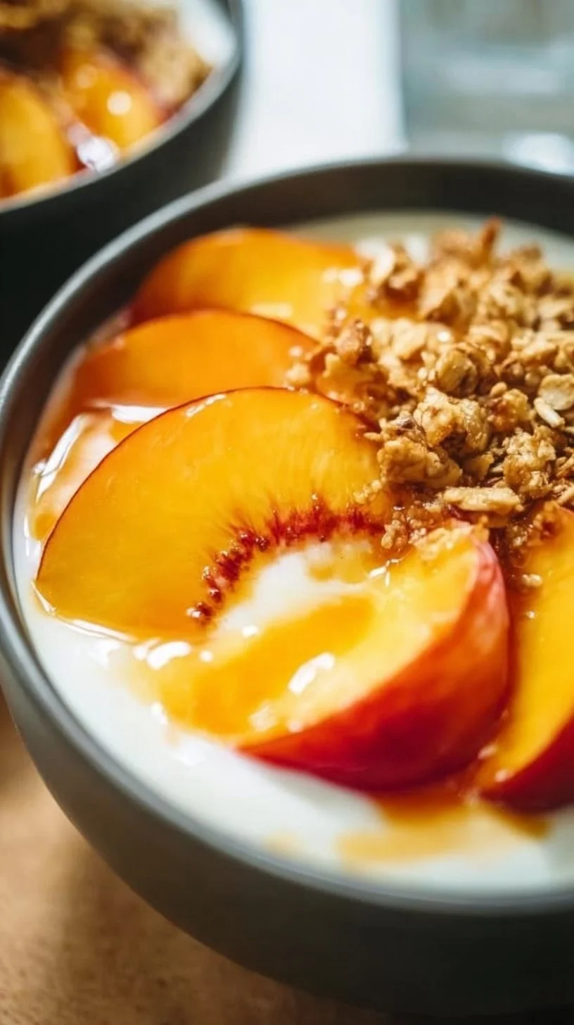 High-Protein Peach Cobbler Greek Yogurt Bowl topped with fresh peaches and granola