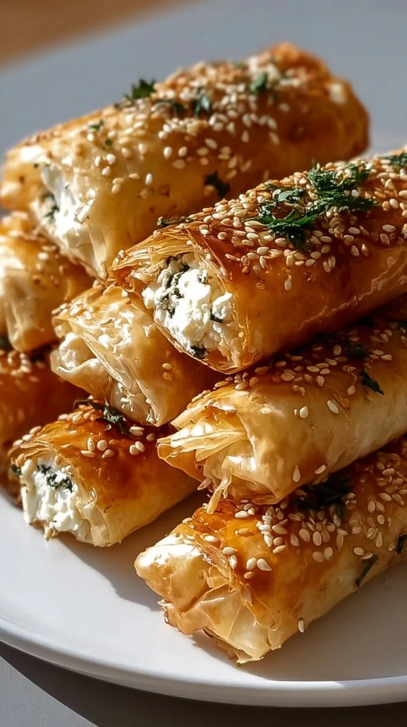 Indulgent oven fried feta rolls topped with chili honey for a delicious snack.