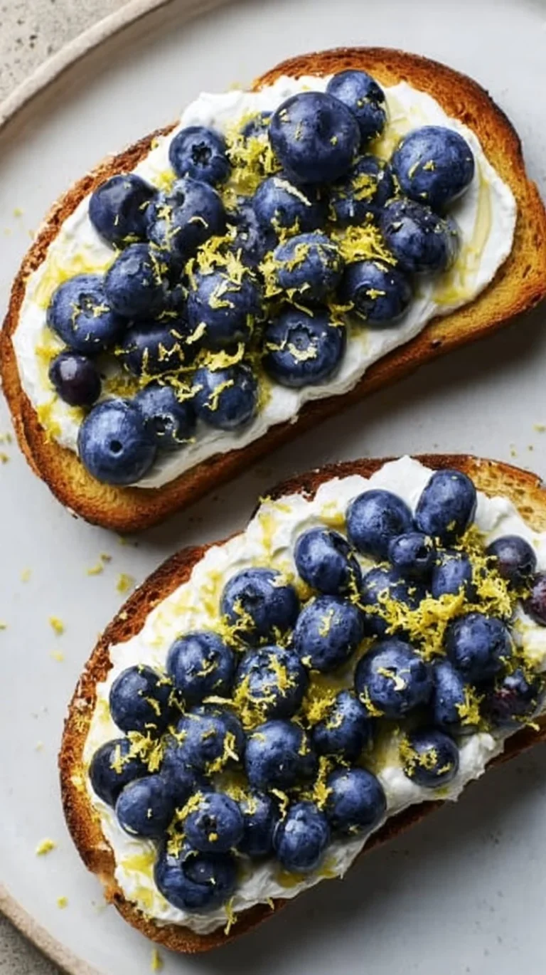 Lemon blueberry ricotta toast drizzled with honey on a rustic plate.
