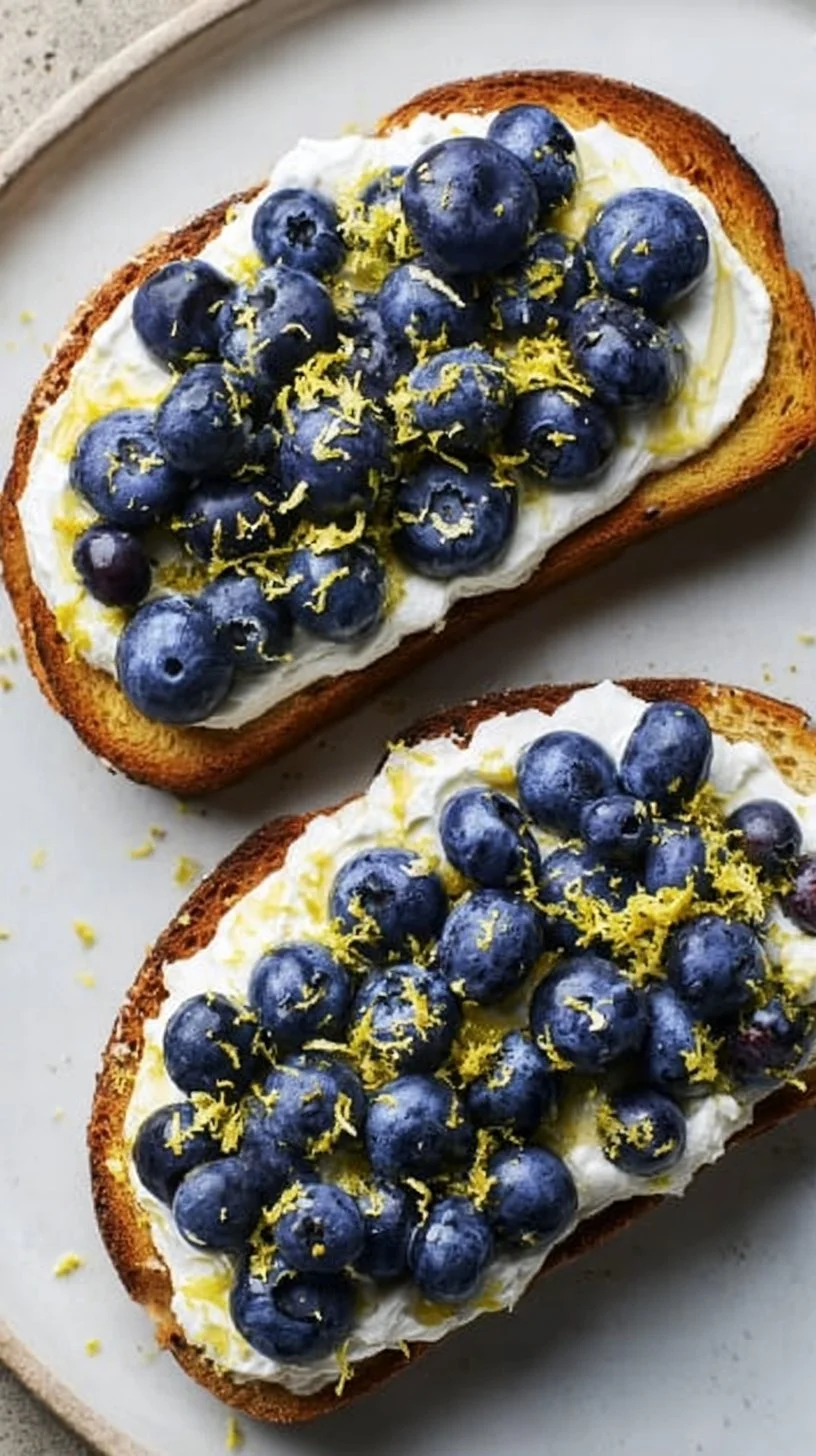 Lemon blueberry ricotta toast drizzled with honey on a rustic plate.